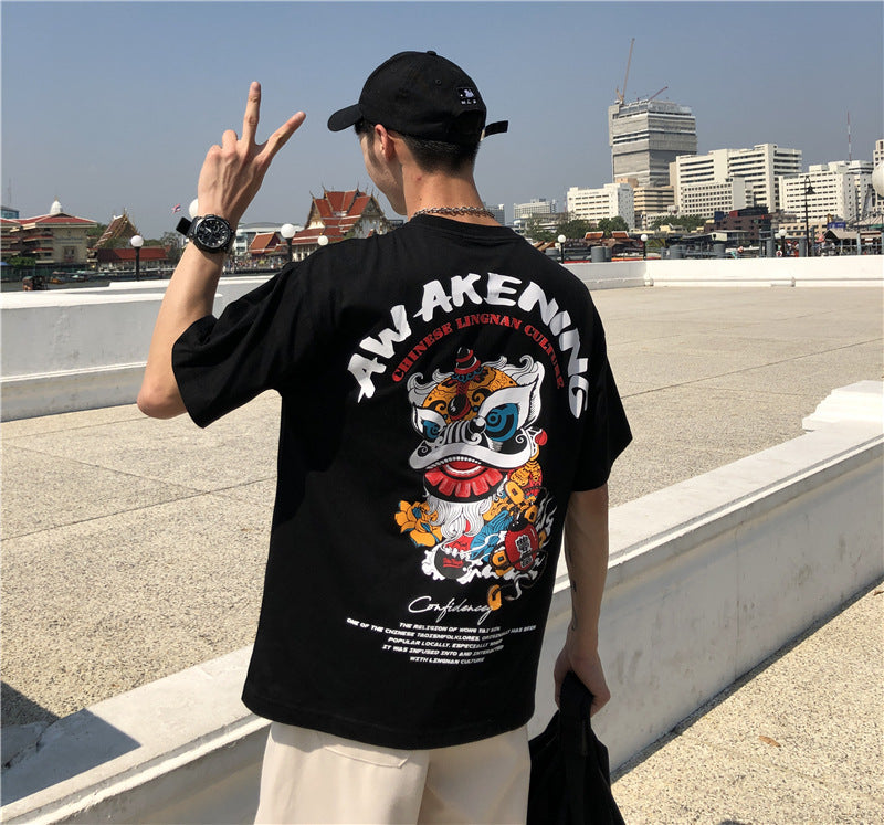 Short Sleeve T-shirt Men''s Fashion Student Loose Harajuku Style Medium Sleeve